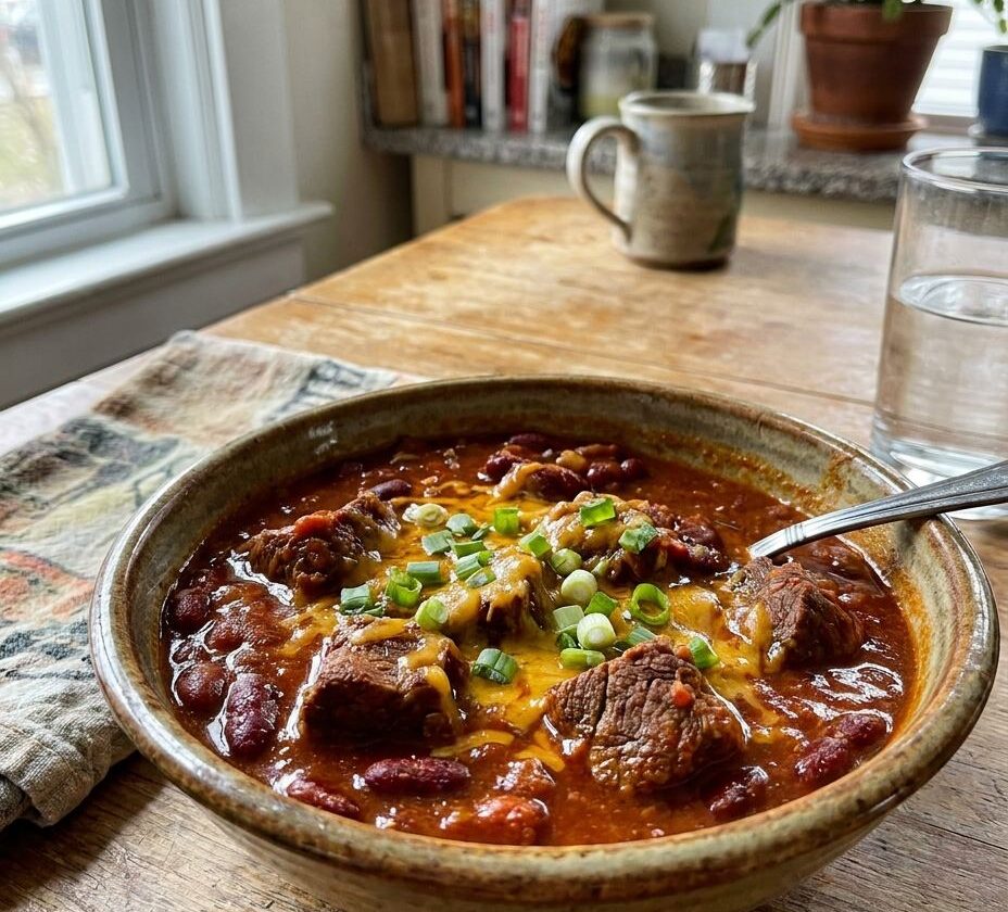 Bowl of chili con carne topped with cheese and scallions