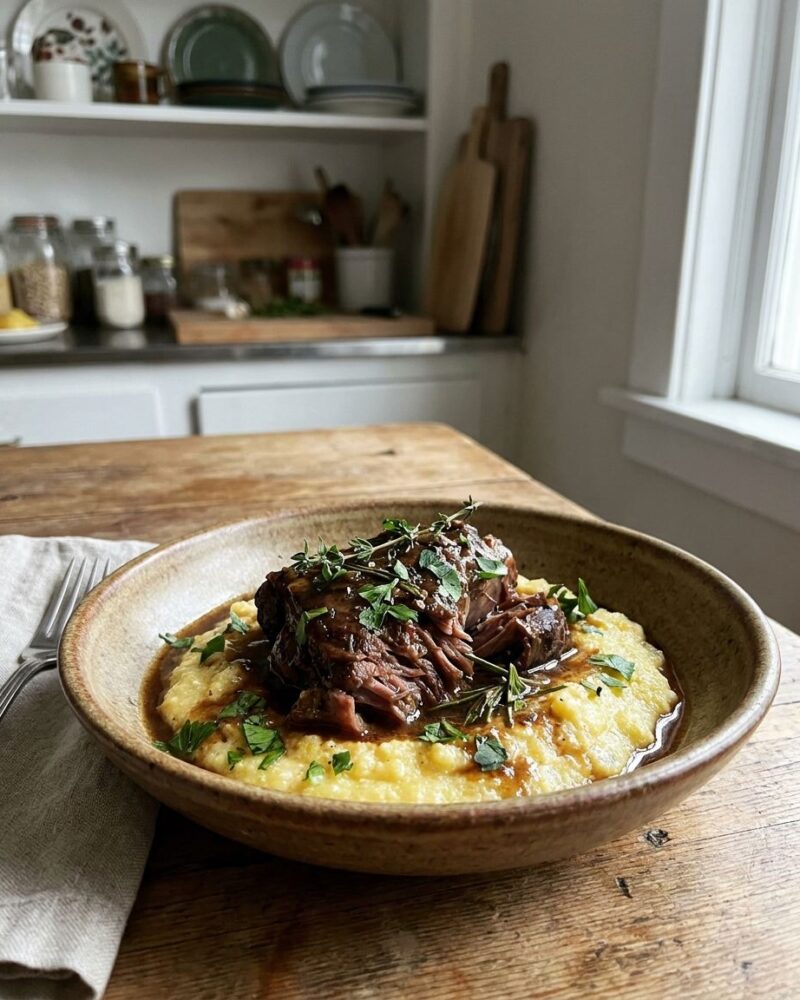 Four-hour braised lamb shoulder over polenta