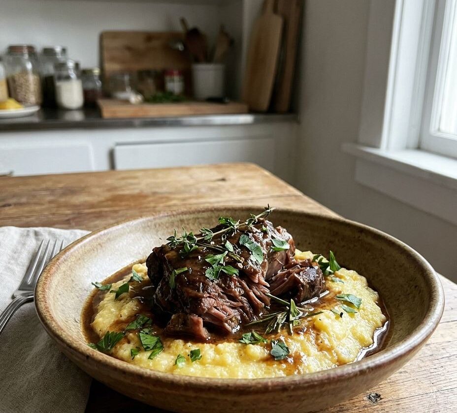 Four-hour braised lamb shoulder over polenta