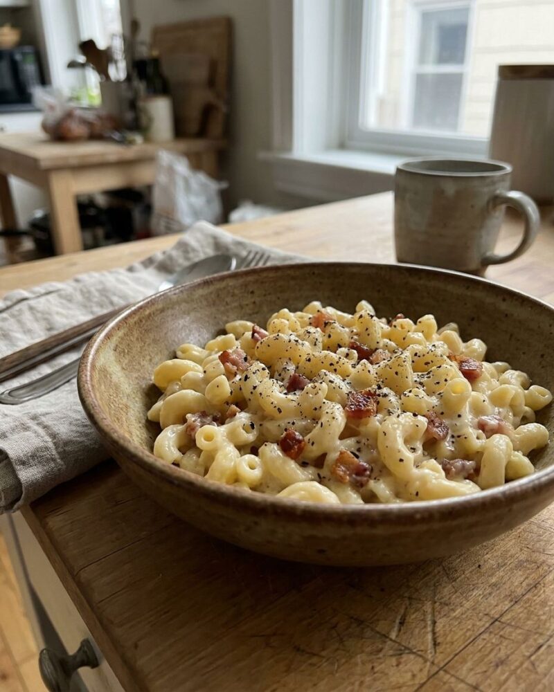 Mac and cheese carbonara with crispy pancetta