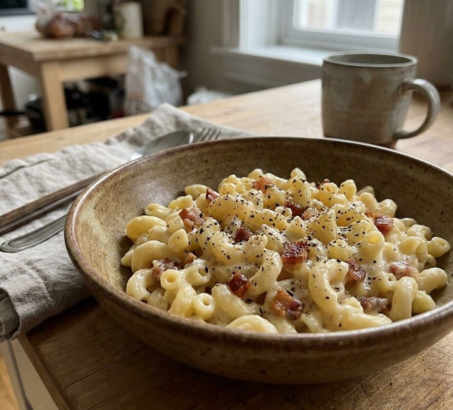 Mac and cheese carbonara with crispy pancetta
