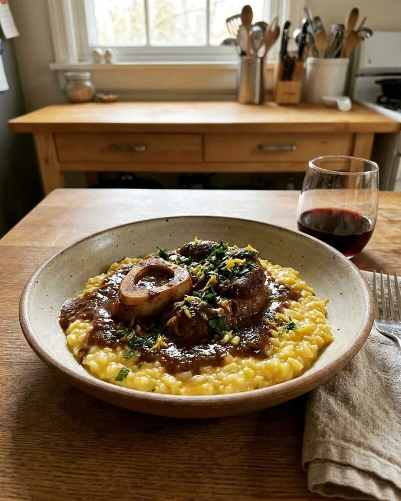 Braised veal shanks osso buco over risotto with gremolata