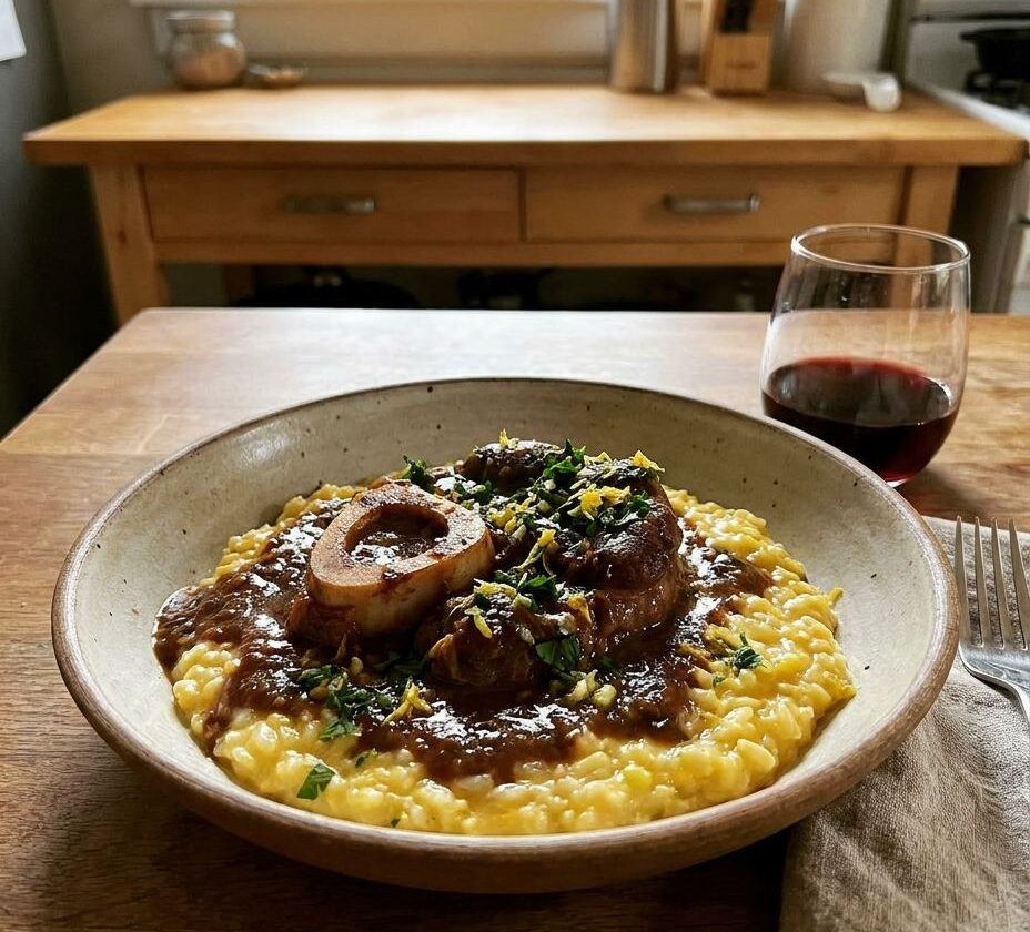 Braised veal shanks osso buco over risotto with gremolata