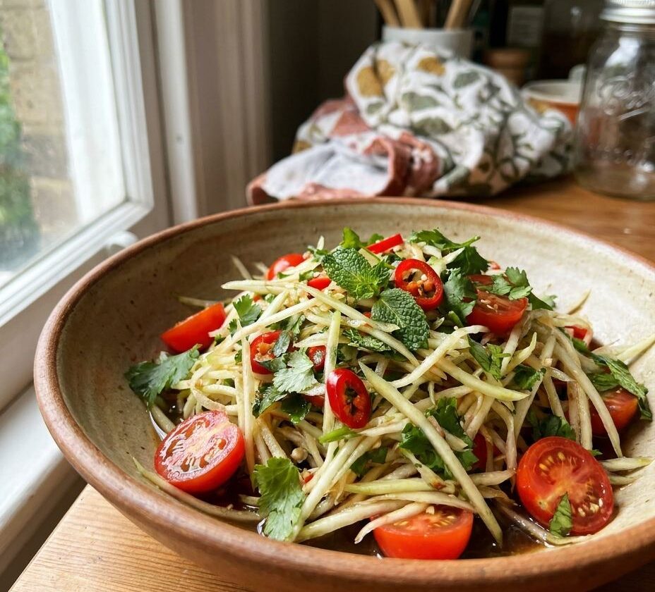 Fresh green papaya salad with cherry tomatoes and herbs