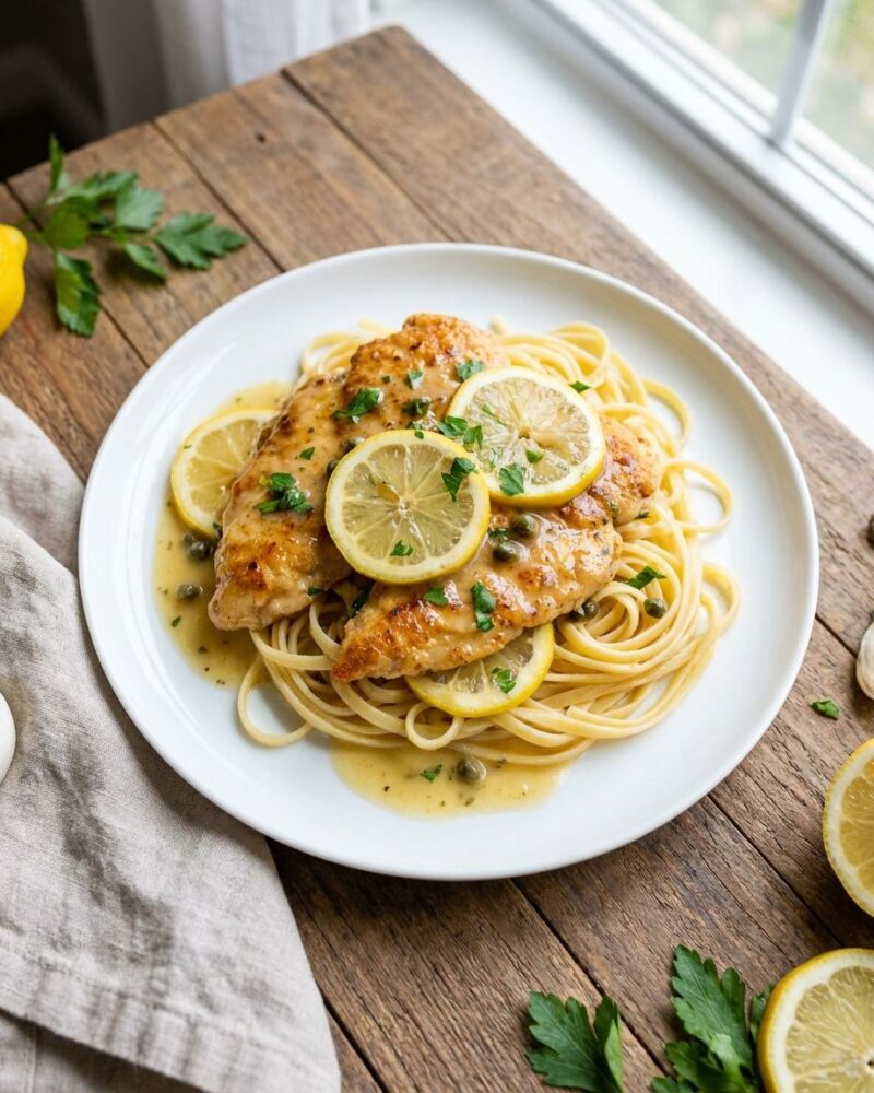 Chicken piccata over tri-colored farfalle alfredo
