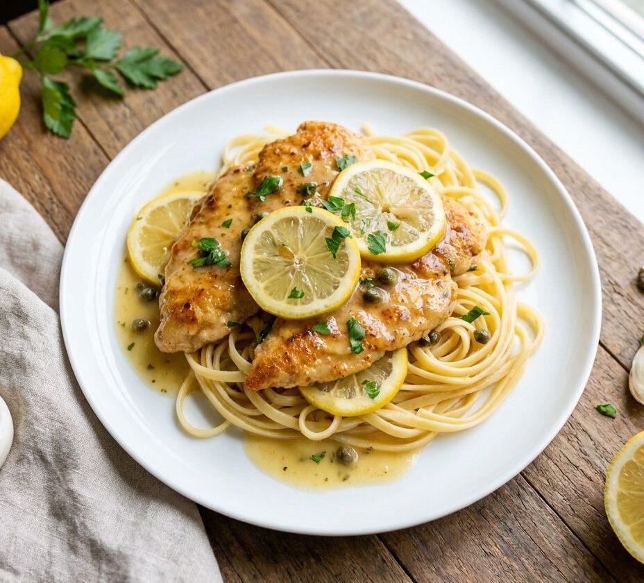 Chicken piccata over tri-colored farfalle alfredo