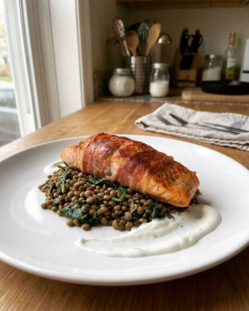 Prosciutto-wrapped salmon over herbed lentils