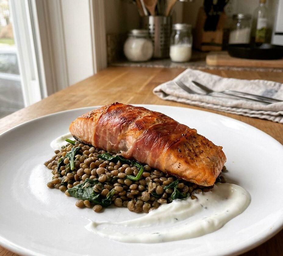 Prosciutto-wrapped salmon over herbed lentils