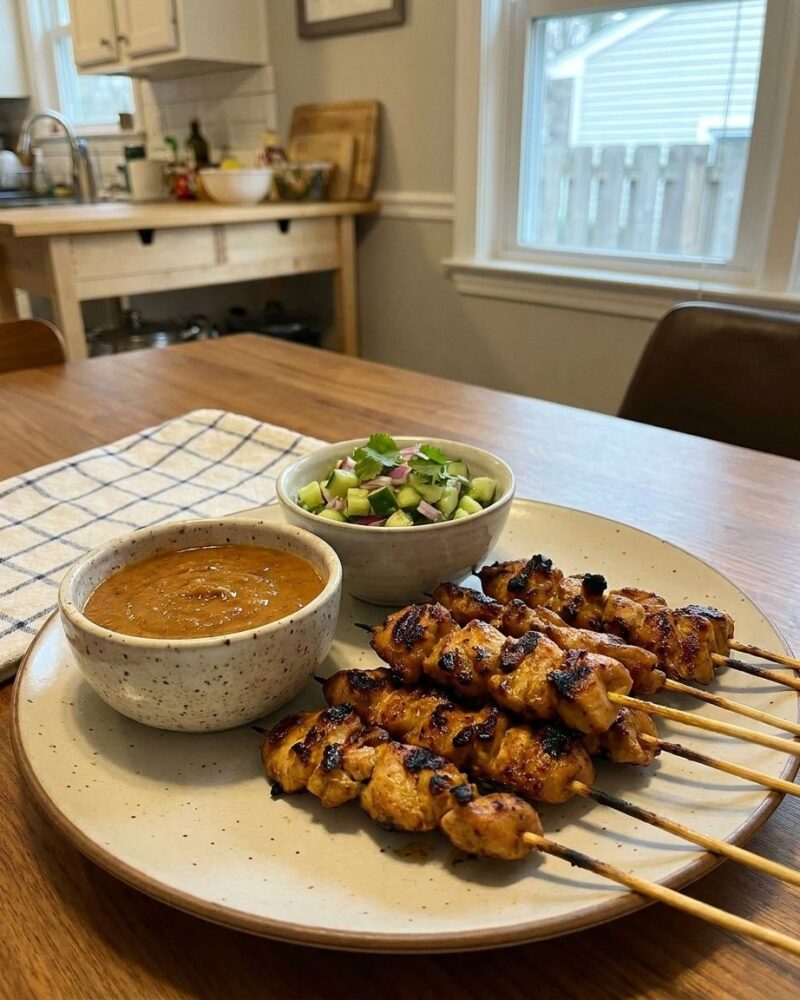 Grilled chicken satay skewers with peanut sauce