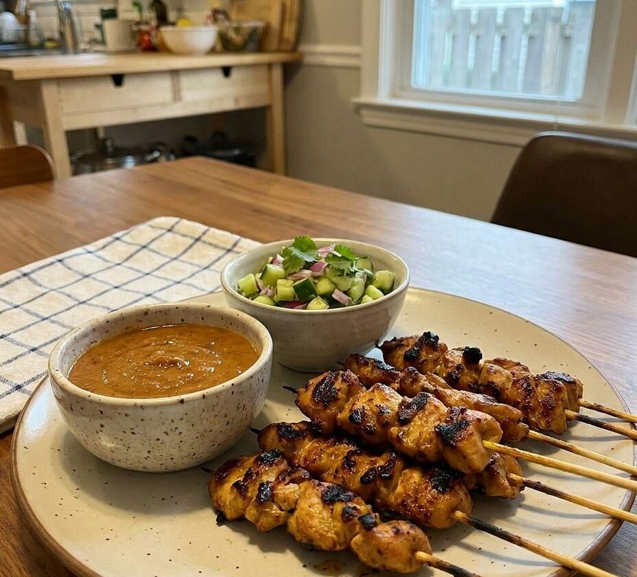 Grilled chicken satay skewers with peanut sauce