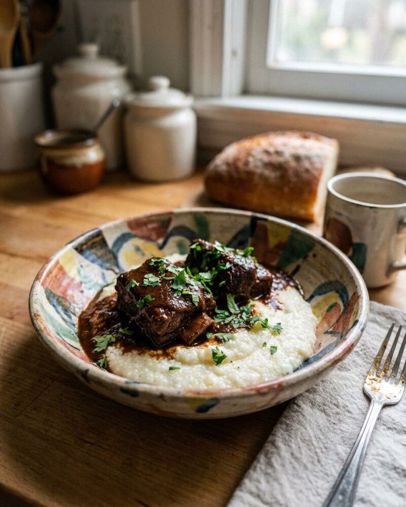 Coffee-ancho chile braised short ribs over grits