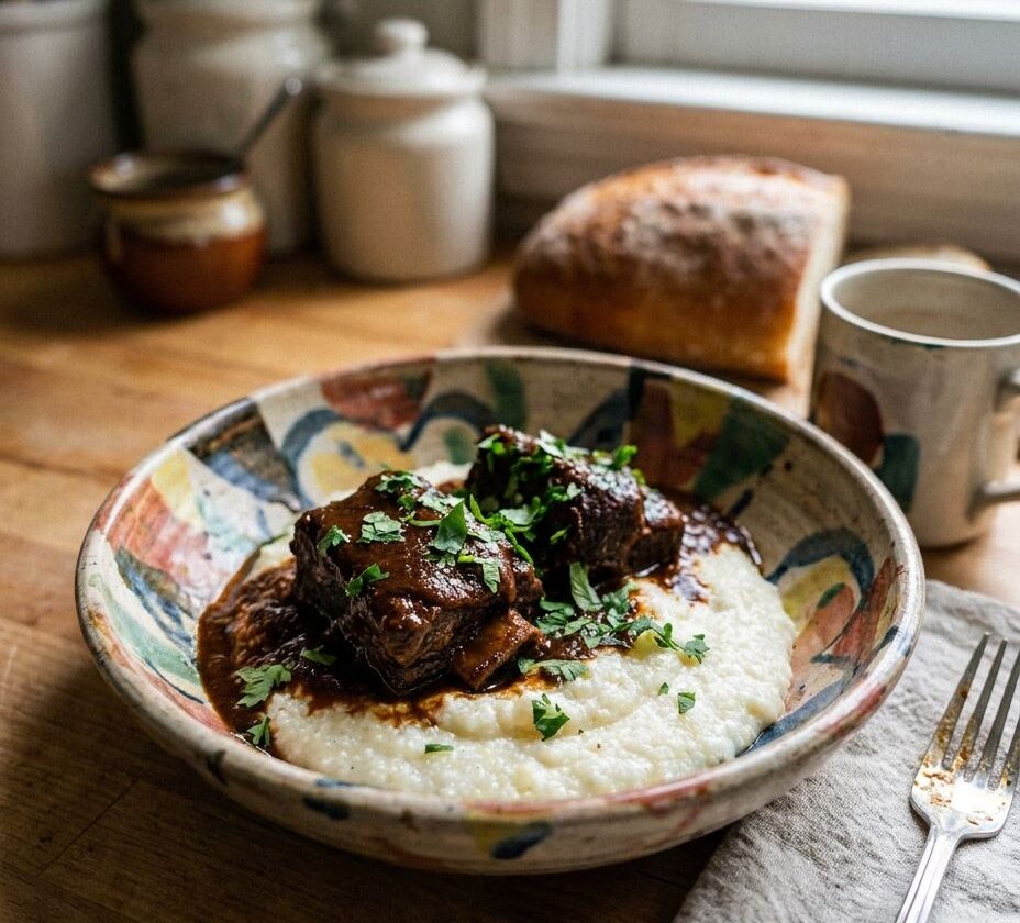 Coffee-ancho chile braised short ribs over grits