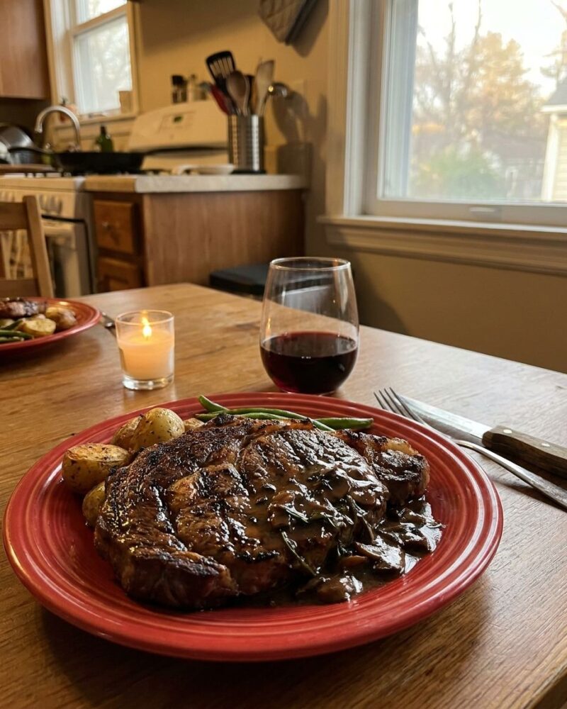 Steak Diane flamed in cognac with mushroom pan sauce