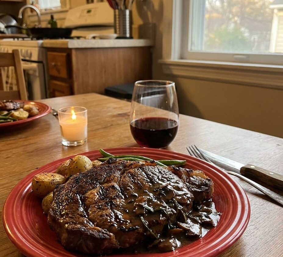Steak Diane flamed in cognac with mushroom pan sauce