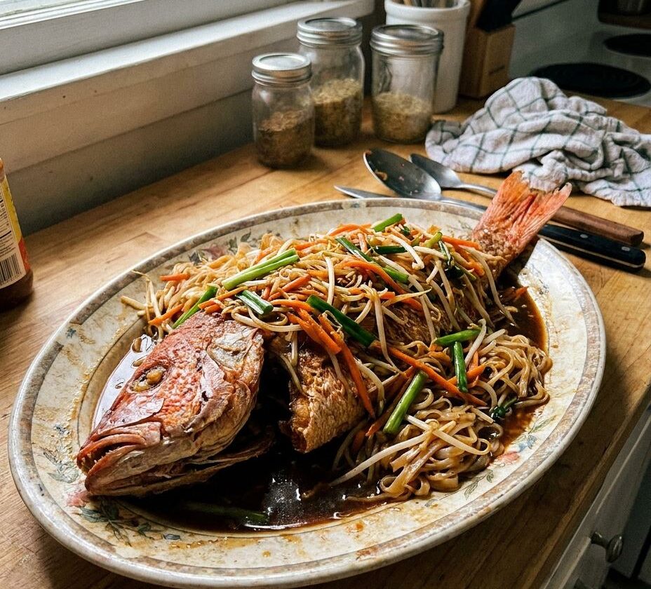 Whole fried Thai fish over stir-fried rice noodles