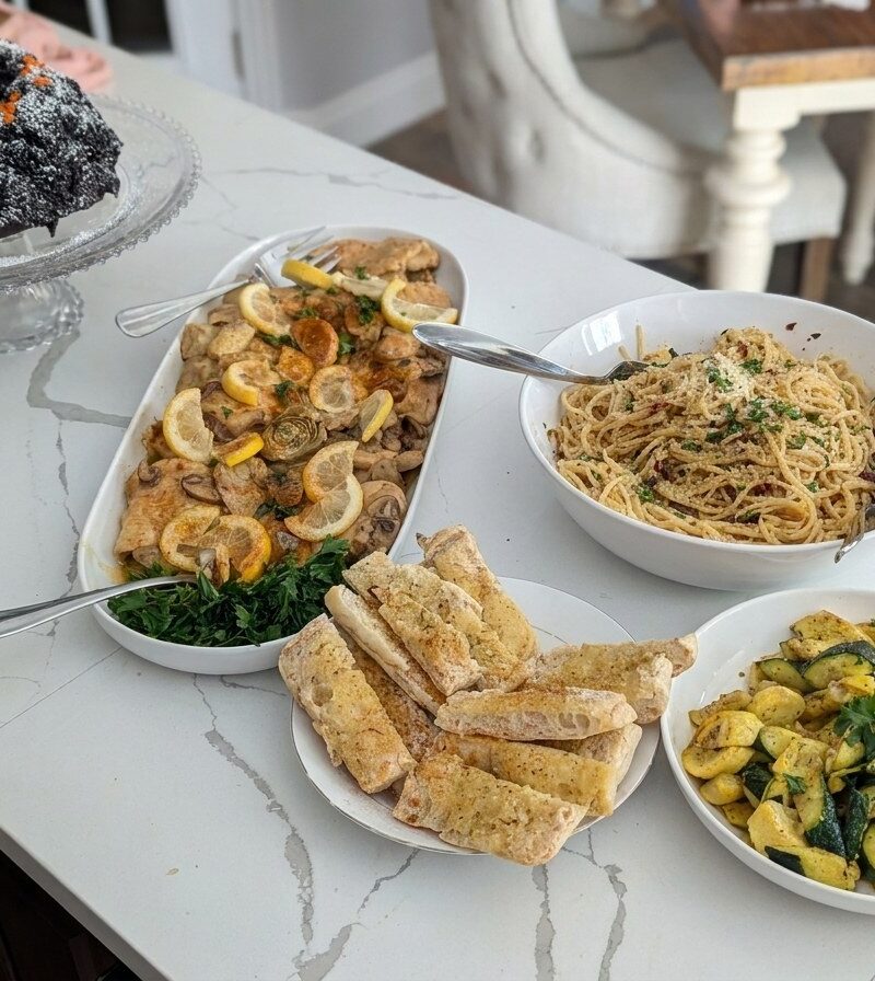 Chicken piccata dinner spread