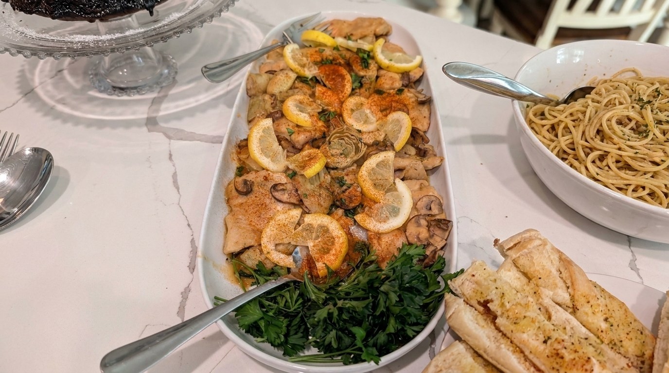 Chicken Piccata with Mushrooms and Artichoke Hearts