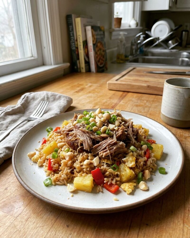 Kalua pork over pineapple fried rice with macadamia nuts