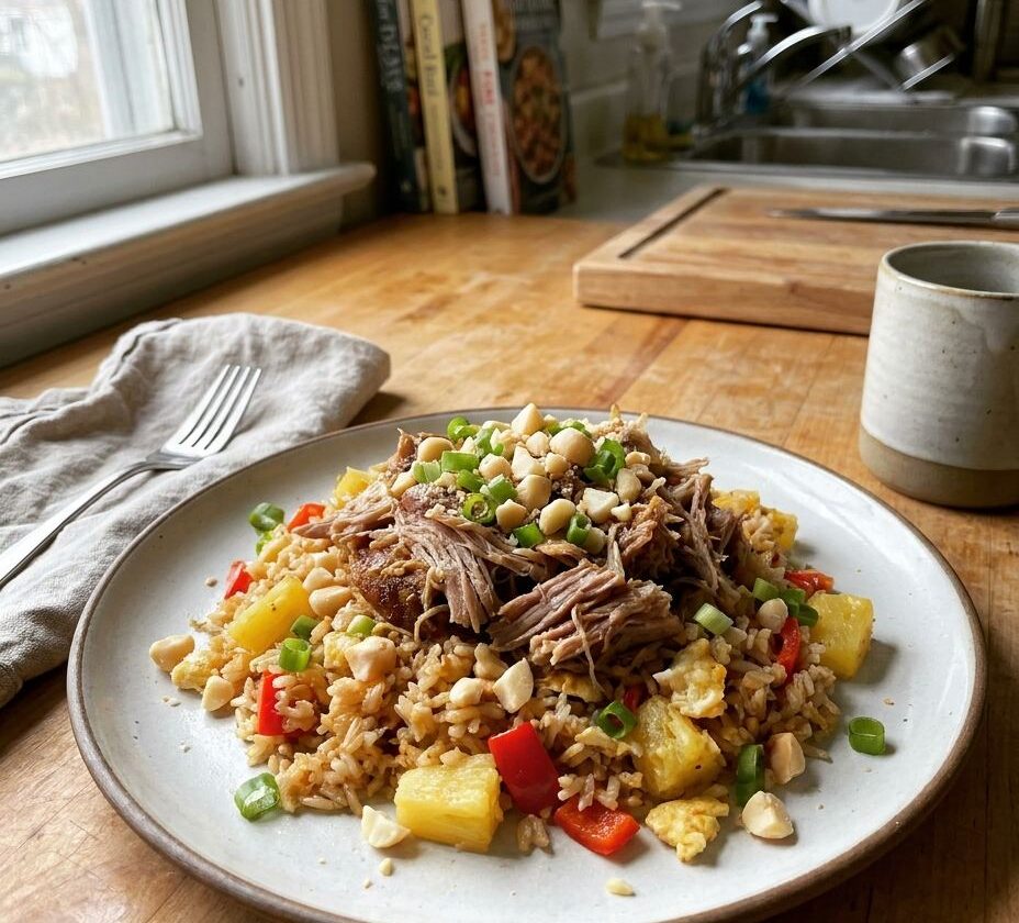 Kalua pork over pineapple fried rice with macadamia nuts