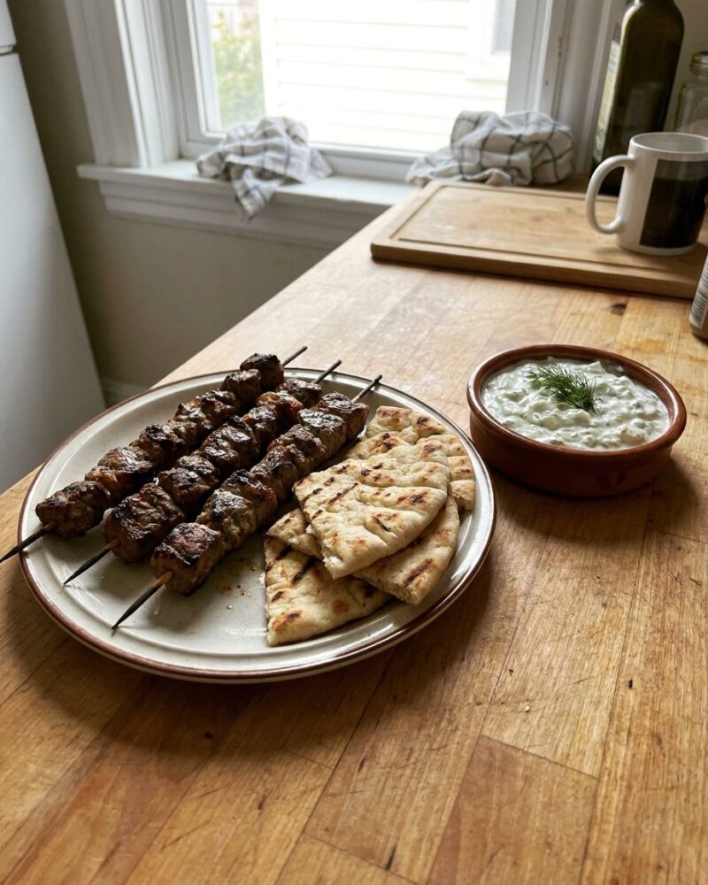 Grilled lamb souvlaki skewers with tzatziki and pita