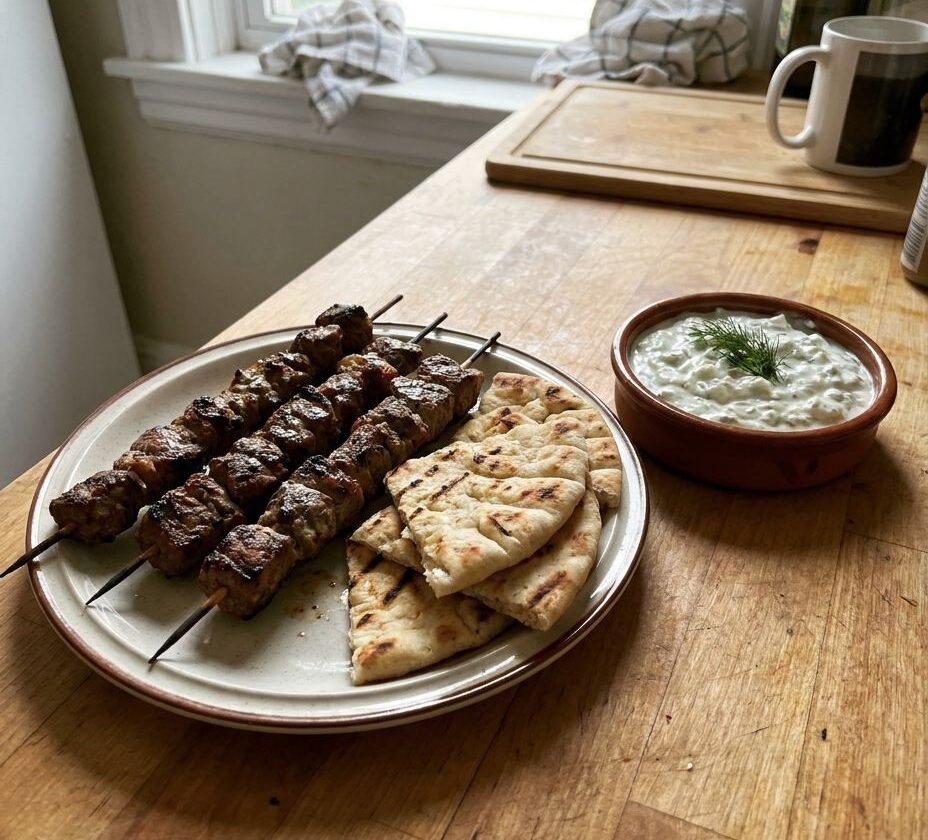 Grilled lamb souvlaki skewers with tzatziki and pita