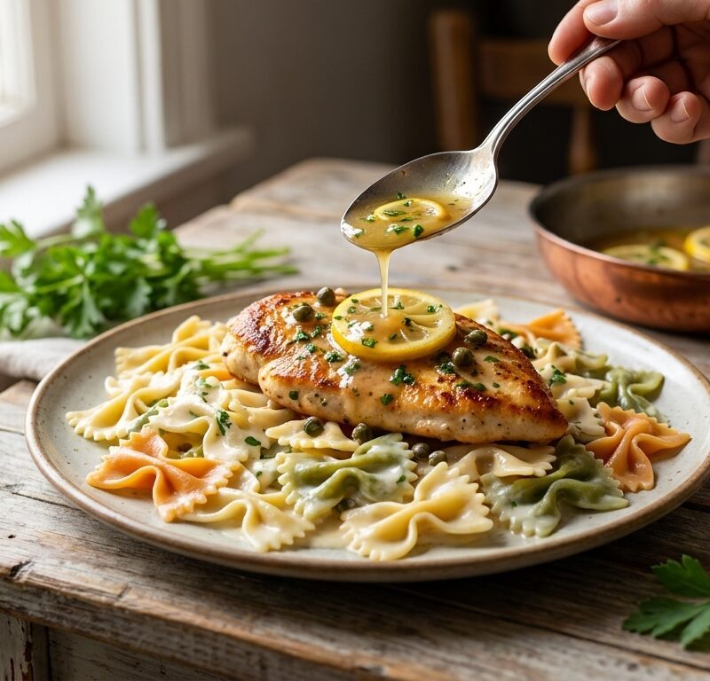 Chicken Piccata with Tri-Colored Farfalle Alfredo