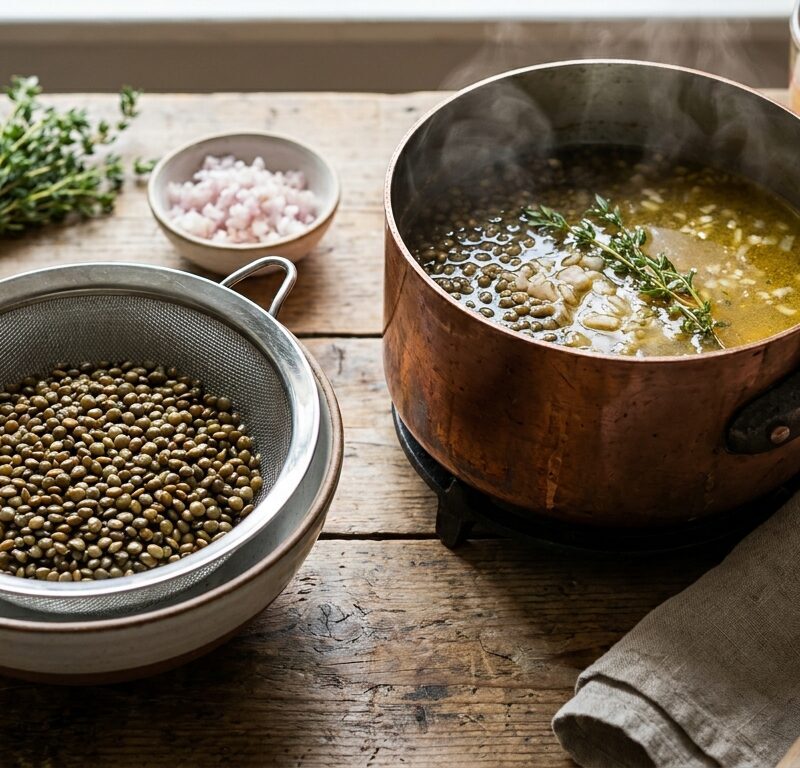 Salmon Wrapped in Prosciutto, Herbed Lentils