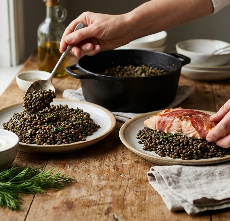 Salmon Wrapped in Prosciutto, Herbed Lentils